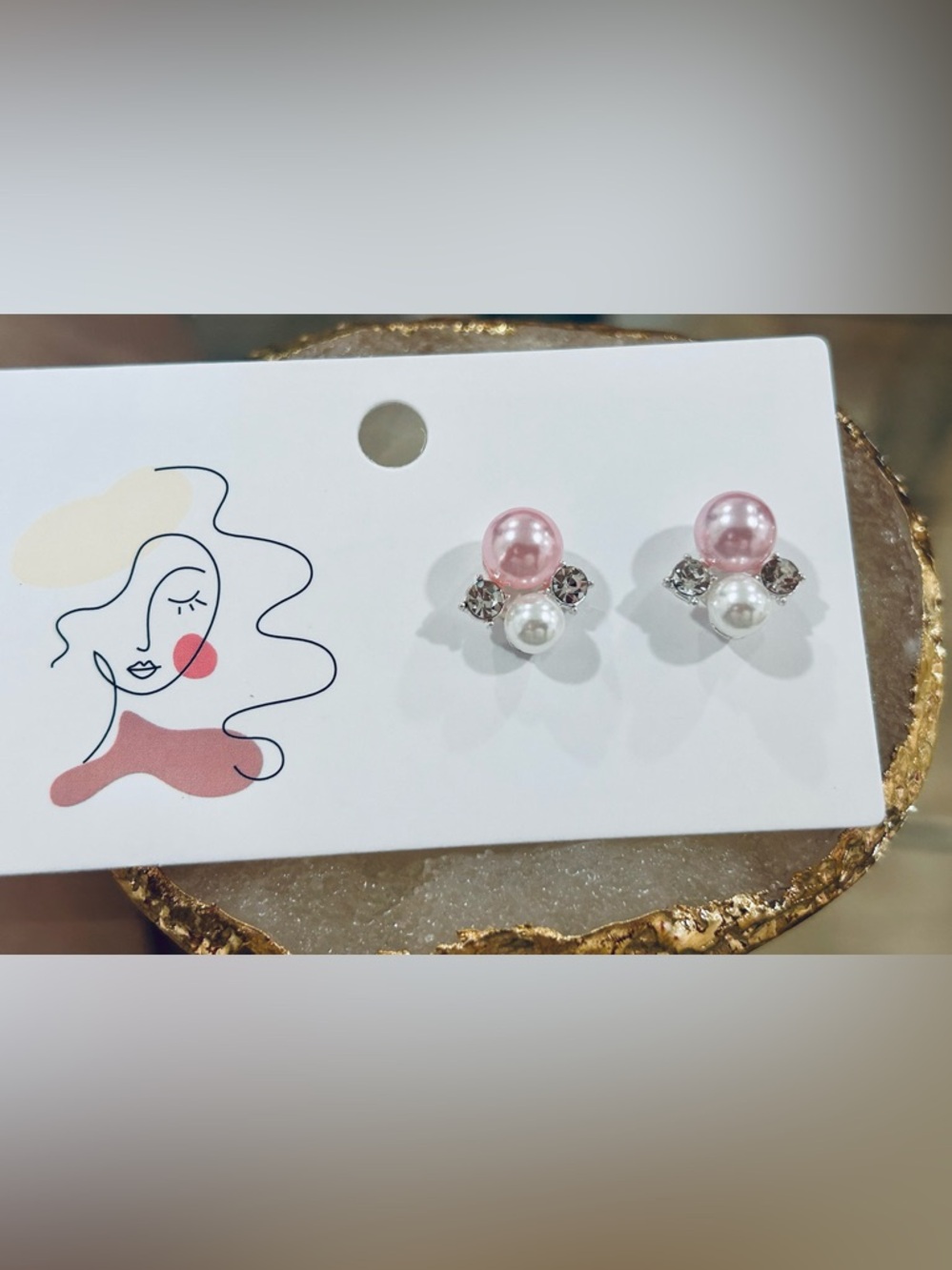 Pink and White Pearl Crystal Stud Earrings